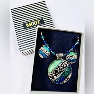 Mixit Vintage Silver Tone Filigree Blue & Green Glass Inlay Necklace & Earrings